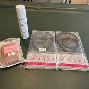 2 wig stands, 1 wig spray, 9 nude skull under wig caps.